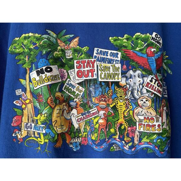 Vintage 90s Single Stitch Shirt Save The Rainforest Cartoon Graphic Blue Large - Picture 2 of 8